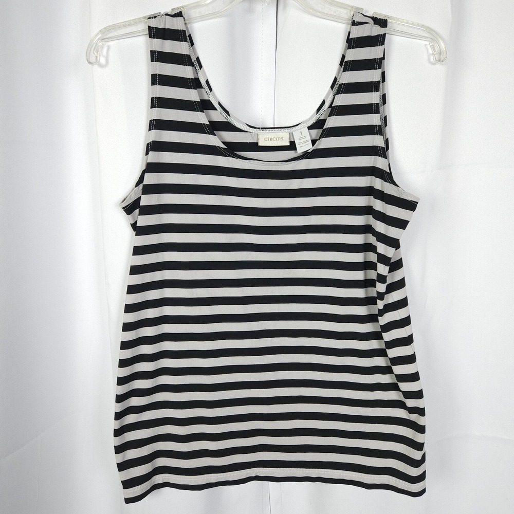 Chico's Black White Stripe Scoop Neck Microfiber Tank Top Women's 1 US 8‎